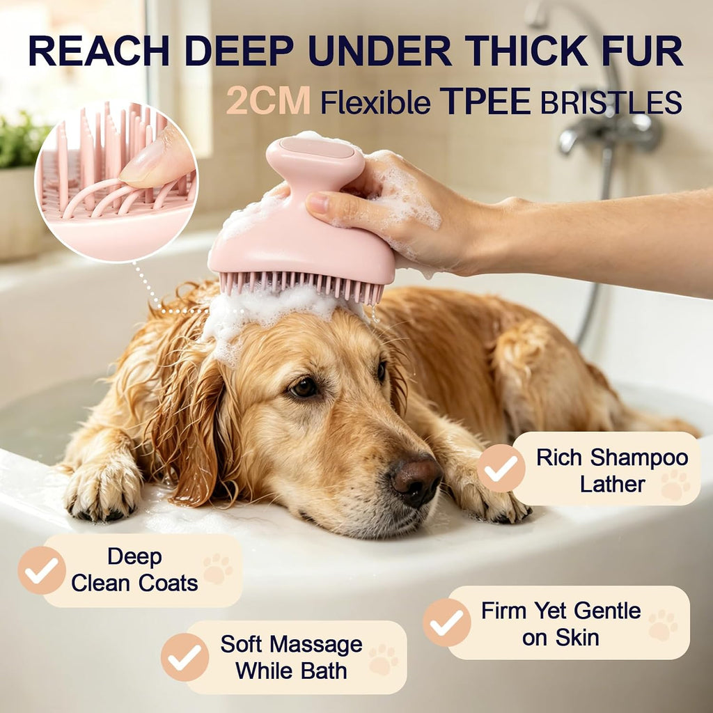 Dog Bath Brush for Grooming & Shedding, Self-Cleaning Pet Scrubber, Pink