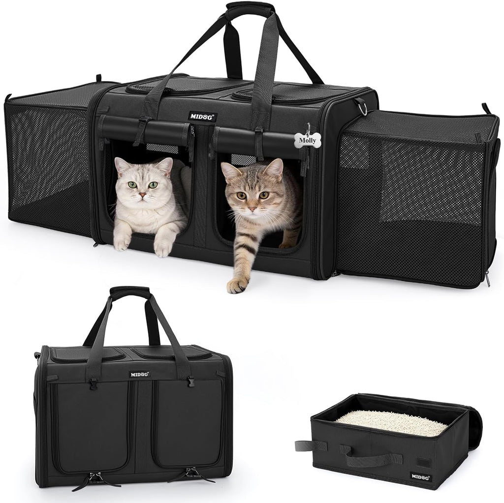 MIDOG Cat Carrier for 2 Cats, Expandable Double Carrier with Litter Box