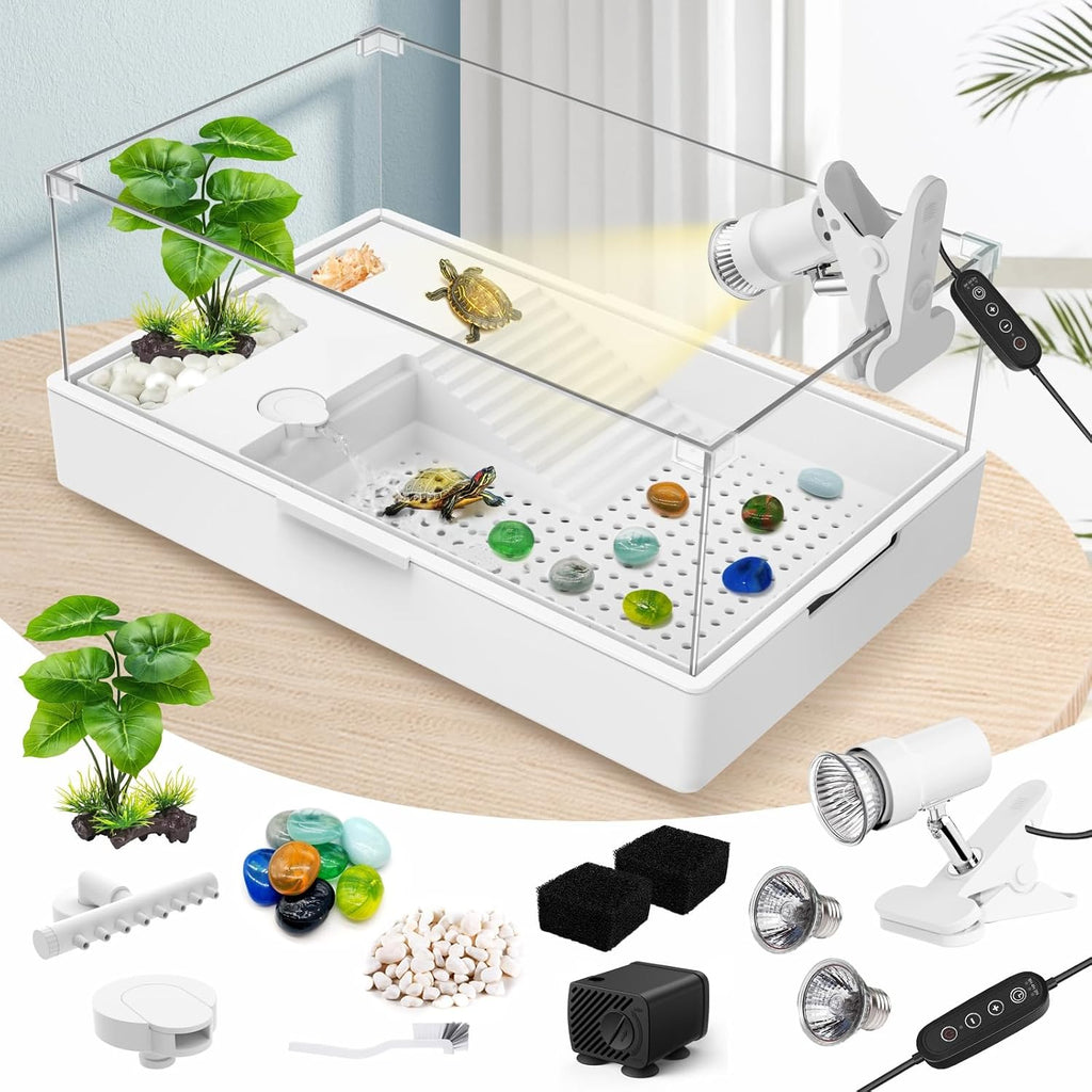 GOZILLA Small Turtle Tank Kit(Tank+Lamp+Filter), Acrylic Turtle Starter Kit with Adjustable Lamp, Reptile Habitat and Terrarium with Multi-Functional Areas for Small Reptiles. (Black Kit)