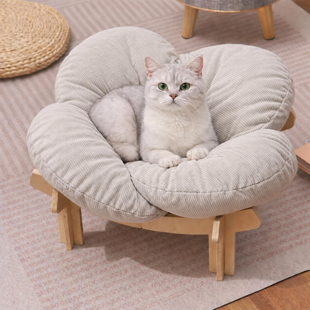 Elevated Wooden Cat Bed with Fluffy Removable Cushion, Modern Petal Shaped Cat Couch Sofa for Indoor Cats Small Dogs 40lbs Capacity Easy to Assemble (Green)
