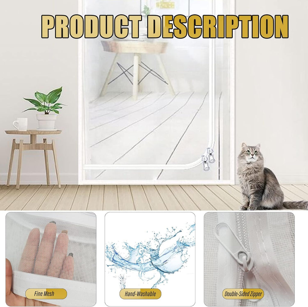 Cat Resistant Mesh Screen, 38" x 83" Cat Resistant Door Screen with Zipper Stop Cats Running Out, Thickened Cat Resistant Mesh Screen Door Pet Door Screen for Cat Pet Home Bedroom, Living Room Door