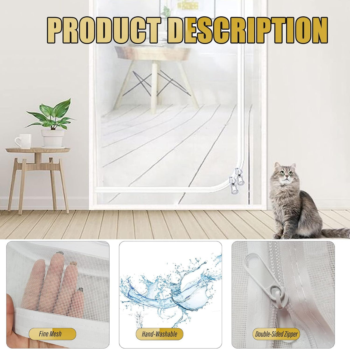 Cat Resistant Mesh Screen, 38" x 83" Cat Resistant Door Screen with Zipper Stop Cats Running Out, Thickened Cat Resistant Mesh Screen Door Pet Door Screen for Cat Pet Home Bedroom, Living Room Door