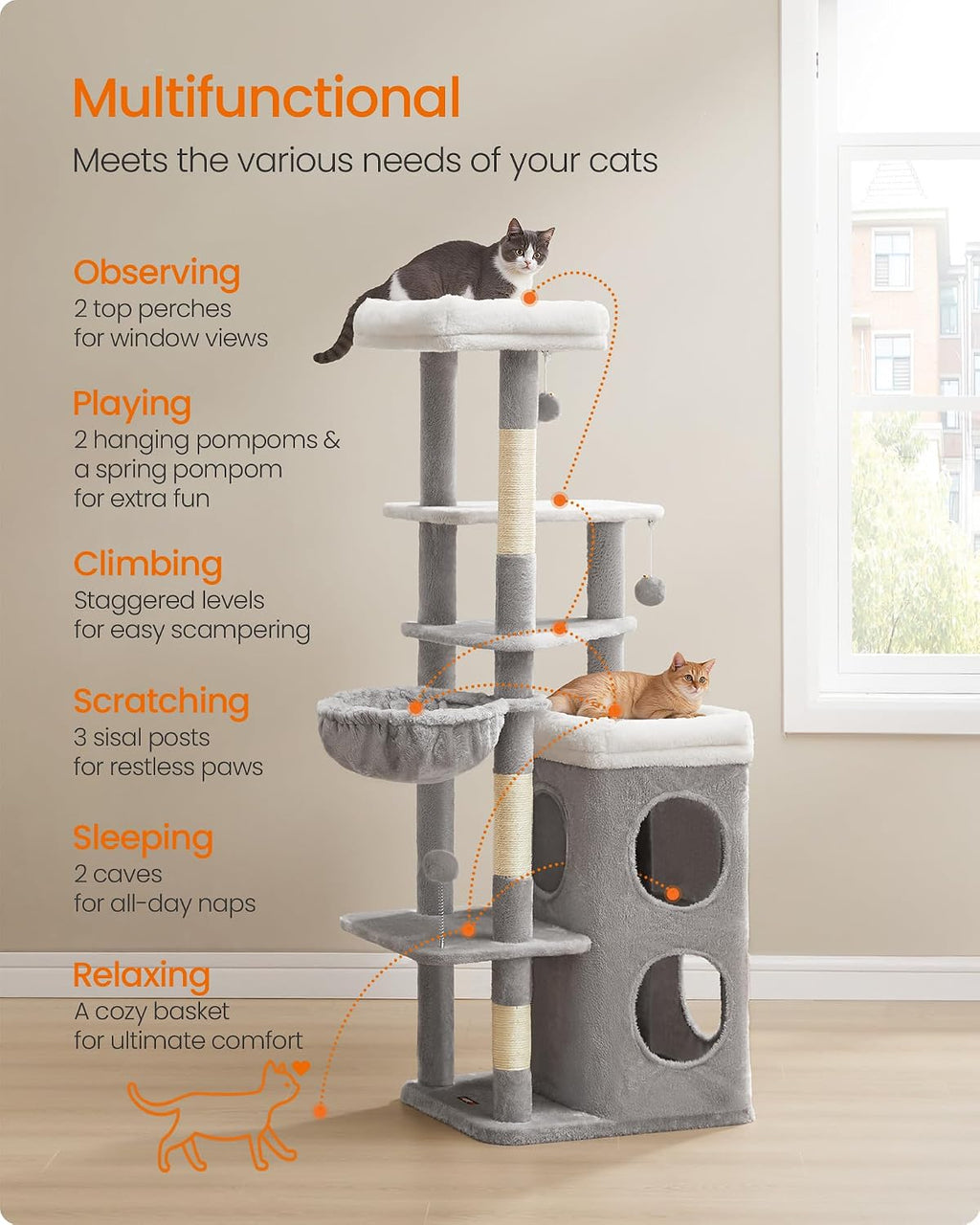 Feandrea Cat Tree Indoor, 60" Multiple-Level Plush Cat Tower, Dove Gray