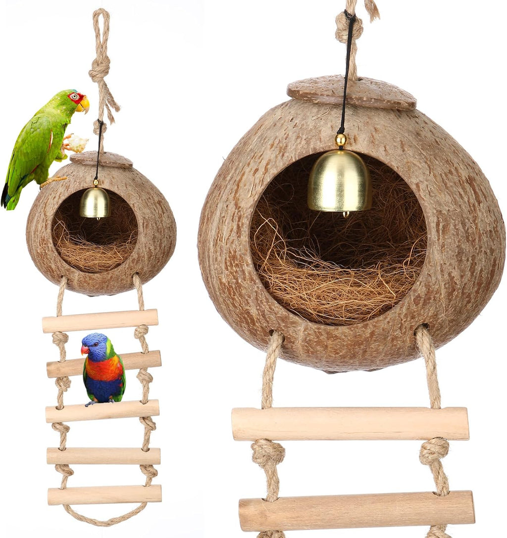 Briwooody Coconut Shell Bird Nest House Breeding Bed Nestingand Anti-Pecking Bite with Natural Coir Fiber Bird Nest Toy Bell for Parrot Budgie Parakeet Cockatiel Conure Lovebird Canary Finch(Classic)