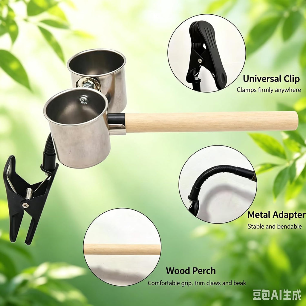 Bird Stand Parrot Perch Clip, Parrot Training Perch with Two Stainless Steel Cup, Portable Natural Wood Bird Happy Toy for Budgies, Cockatiels, Conures, Monk Parakeets, Lovebirds