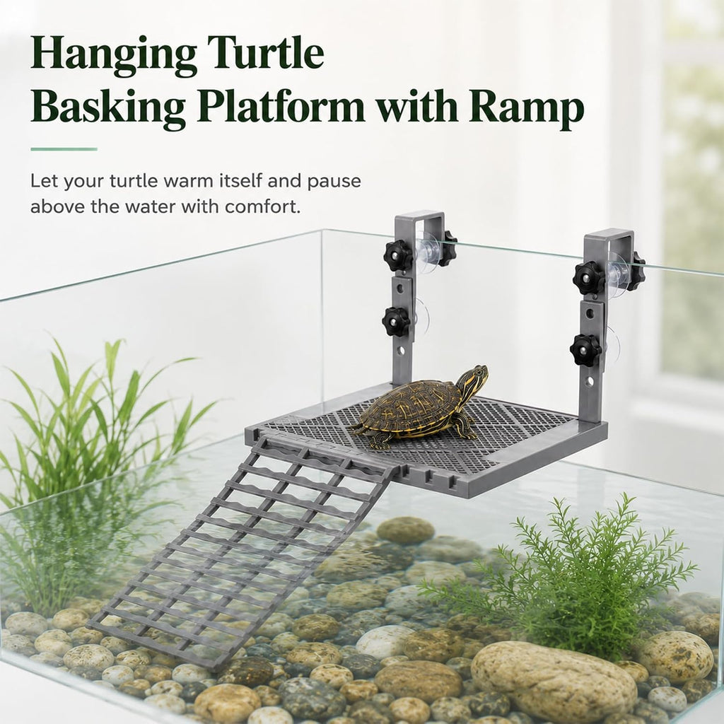 Adjustable Hanging Turtle Basking Platform, Feeding Tray, Non-Slip Ramp |Sturdy Plastic, Adjustable 4.9-7.9 in Height, 9.8 x 7.9 in Deck, Easy Assembly, Reptile Tank Accessories, Fits 20-75 Gal