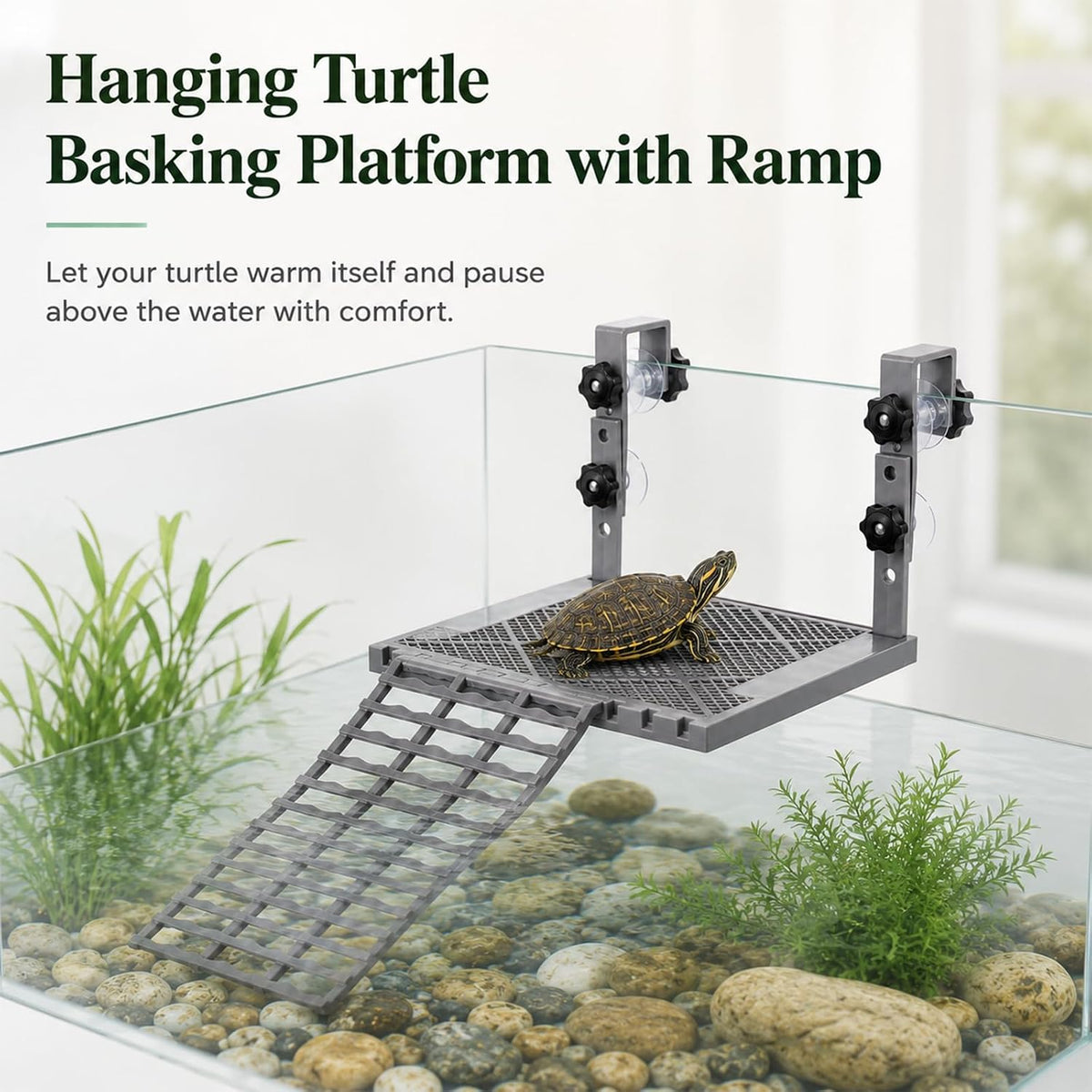 Adjustable Hanging Turtle Basking Platform, Feeding Tray, Non-Slip Ramp |Sturdy Plastic, Adjustable 4.9-7.9 in Height, 9.8 x 7.9 in Deck, Easy Assembly, Reptile Tank Accessories, Fits 20-75 Gal