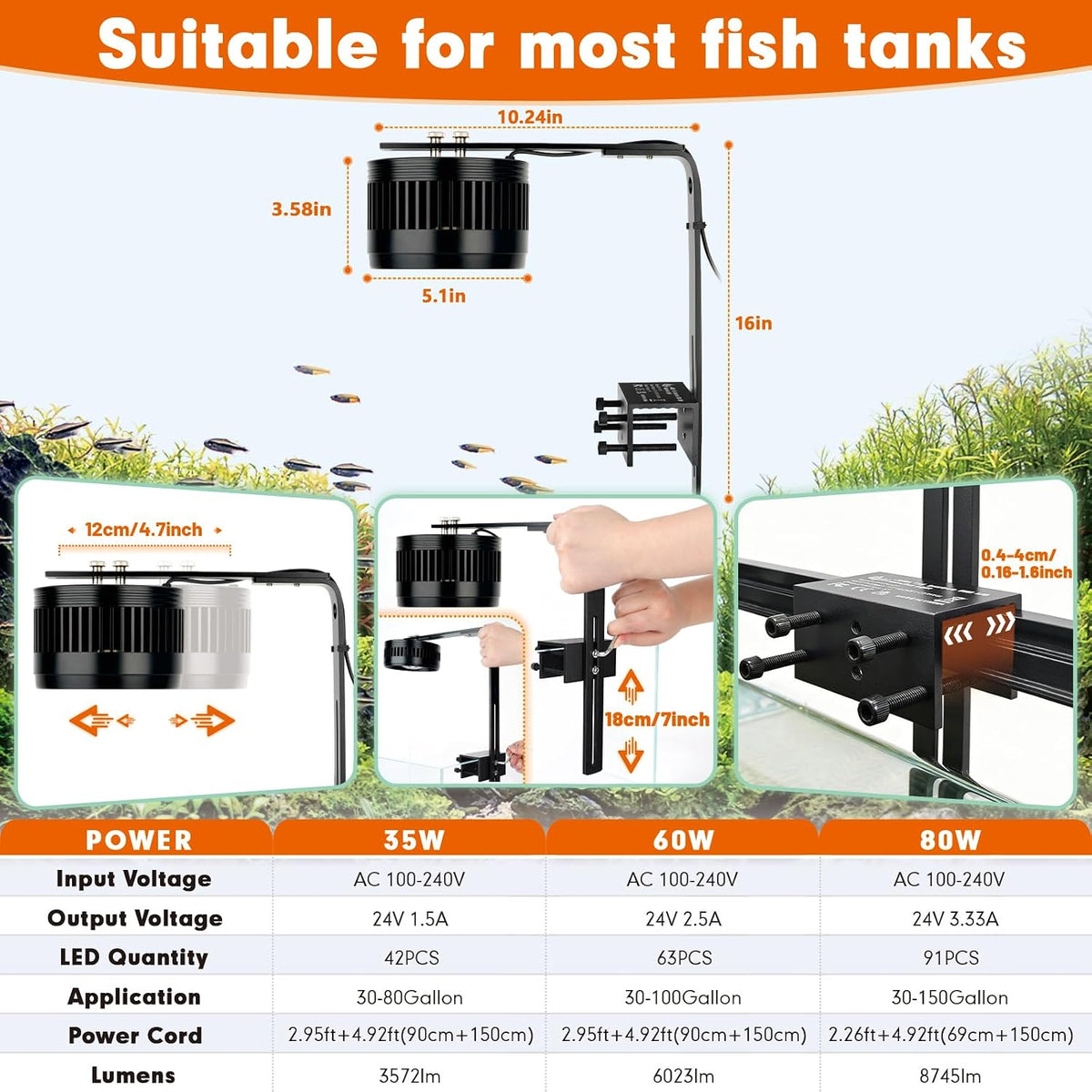 AQQA Aquarium Clip-On Stream Light with Controller, LED Fish Tank Light