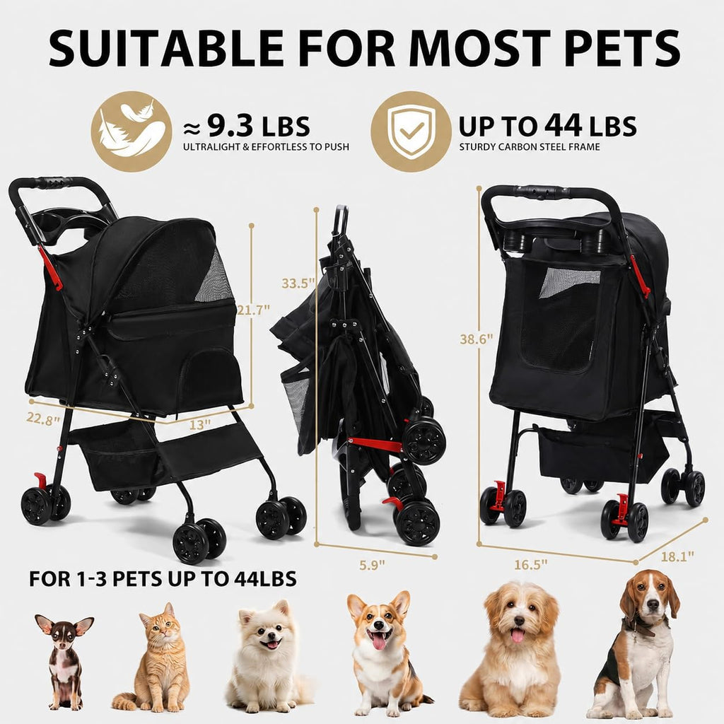 Dog Stroller, Pet Stroller with 4 Wheels, Foldable Dog Strollers for Small Medium Dogs & Cats, Cat Stroller with Storage Basket, Breathable Mesh, 360° Wheels & Rear Brakes Black