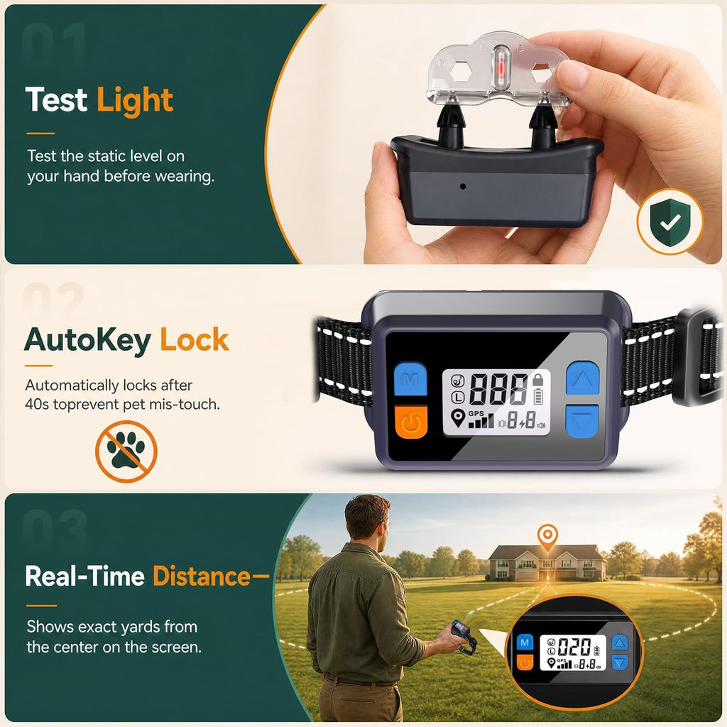 GPS Wireless Dog Fence System, Dual-Band Electric Pet Containment Boundary Collar with 20-999 Yard Adjustable Radius, No App or Subscription Needed, IPX7 Waterproof Training Collar for Dogs