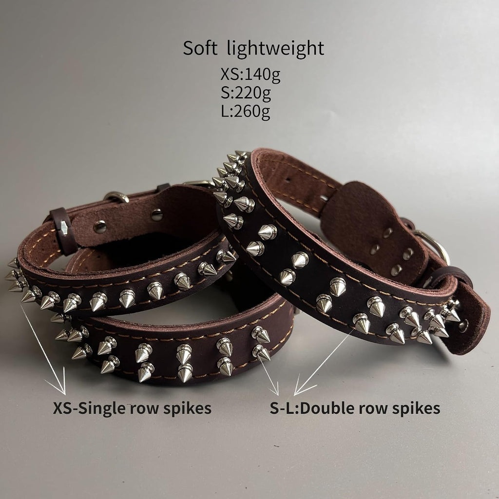 Leather Spiked Dog Collar Sturdy Durable French Bulldog Pit Bulls Doberman (Brown,XS-Neck 14-18in)
