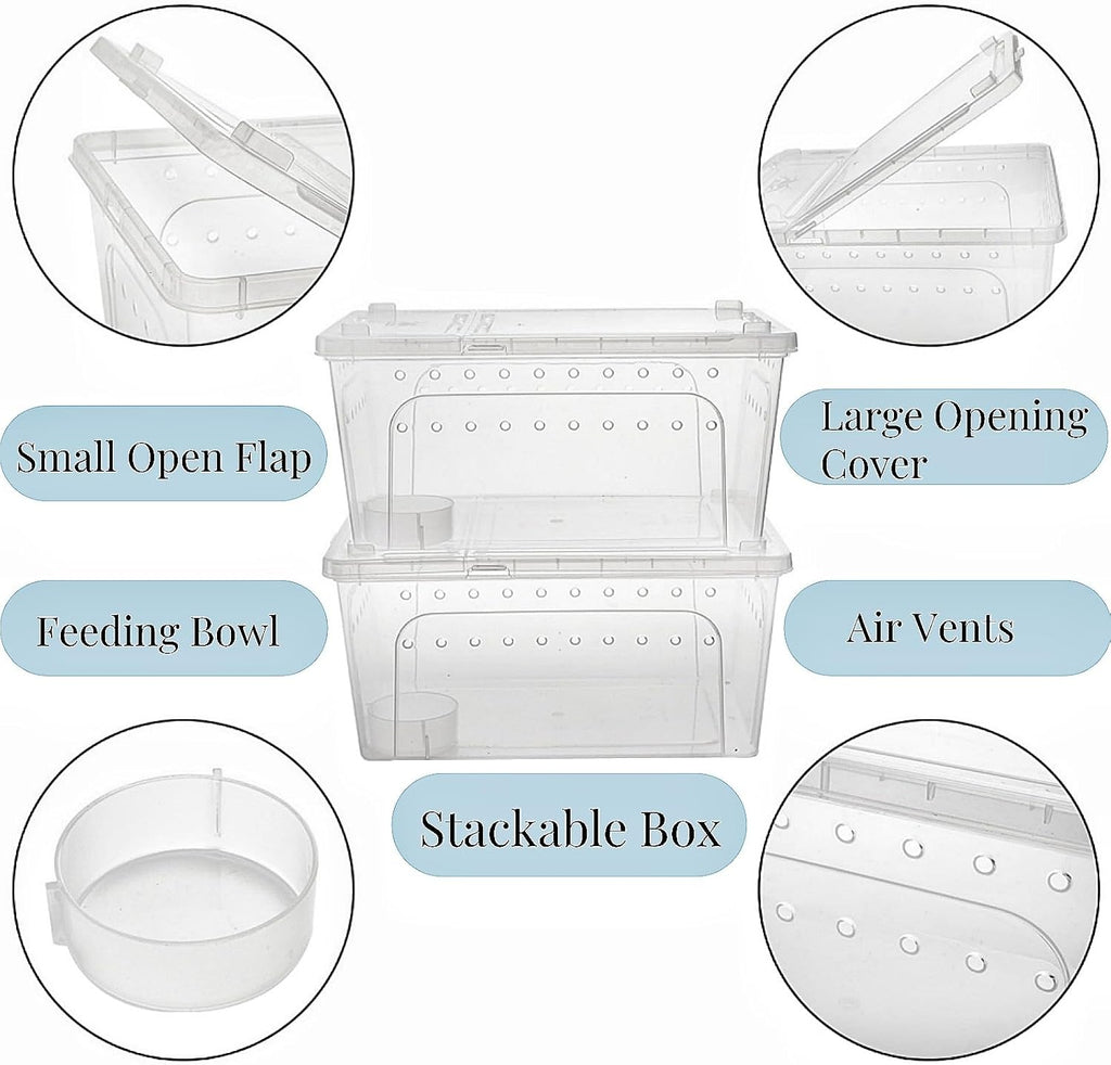 Tlence 2 Pack Critter Keeper, 12.6"x8.7"x6" Clear Plastic Enclosure Terrarium, Portable Transport Container with Feeding Bowl, Small Hatching Container with Ventilated Holes and Lid for Snake, Gecko