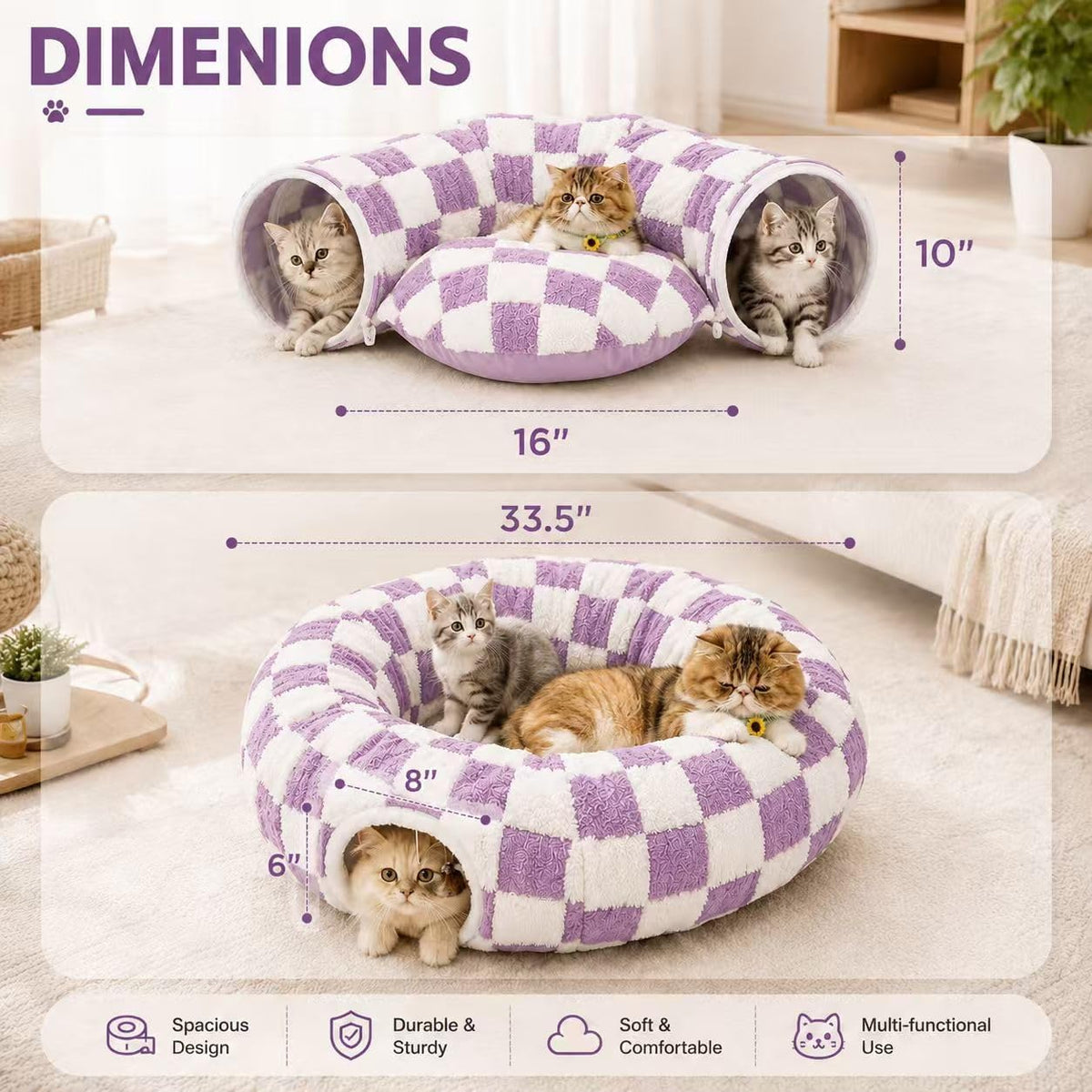 Cat Tunnel Bed with Washable Cushion for Indoor Cat, Donut Cave Tube Toys for Kitten Puppy Rabbit, Purple