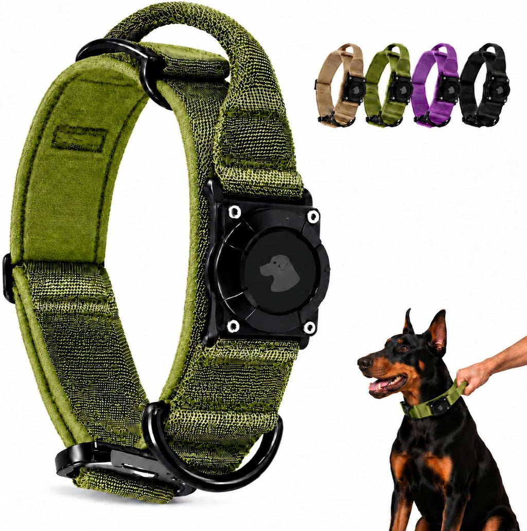 Tactical AirTag Dog Collar with Holder for Medium Large Dogs, Green, L