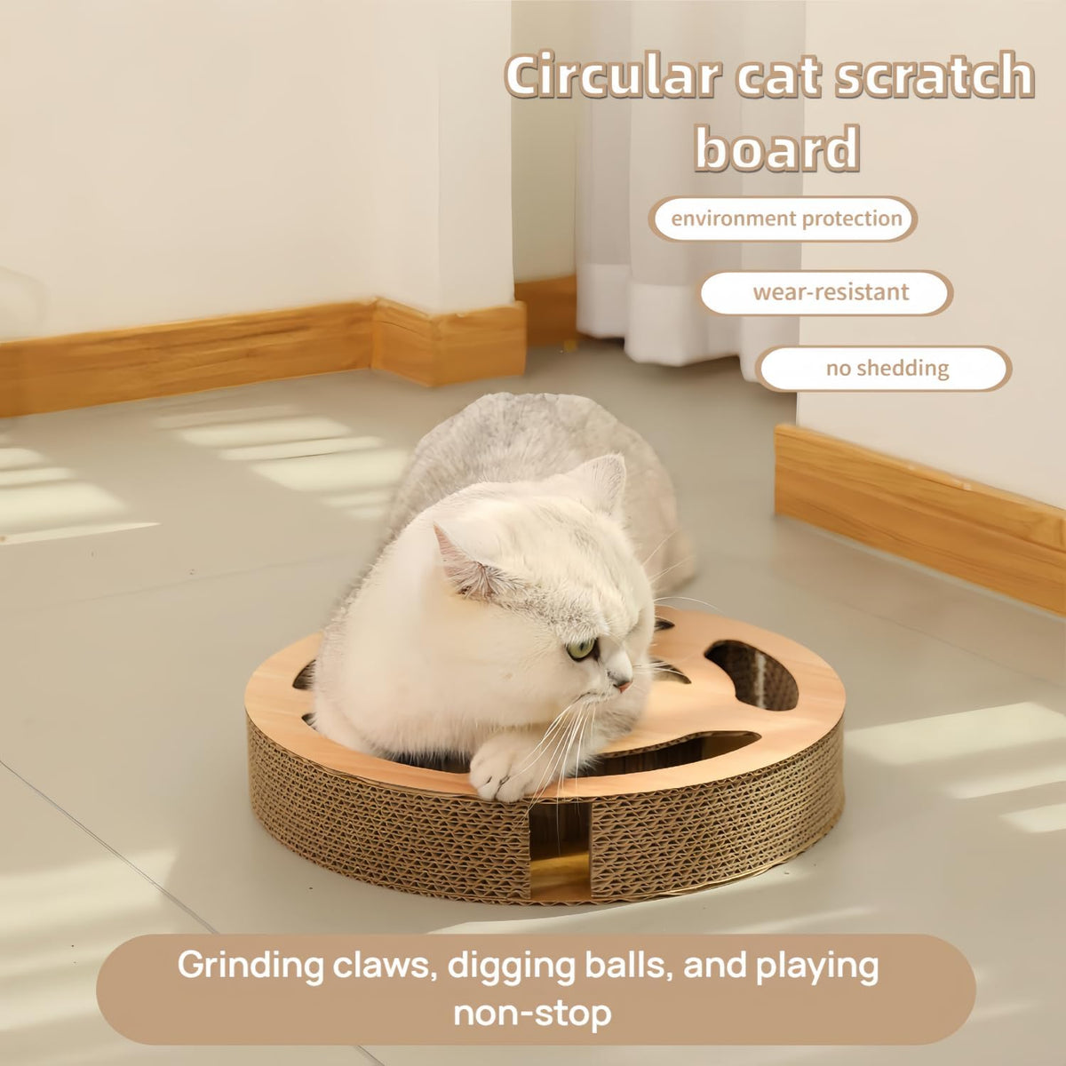 Circular Cat Scratch Board with Balls, Corrugated Cardboard Interactive Toy, 13 Inch Round Grinding Post with Ball Track, No-Shed Design