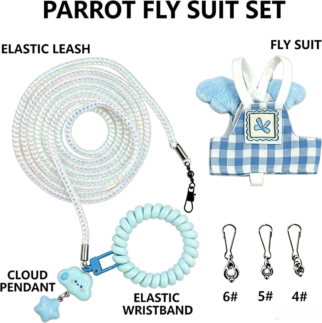 Dual-Use Bird Harness & Bungee Leash Set w/Wings, 3 Rings, Blue, Size S