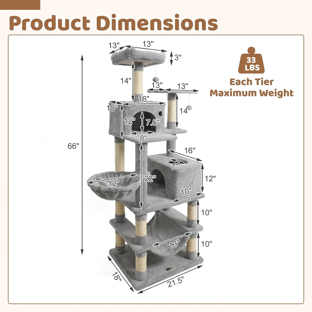 DORTALA Cat Tree for Indoor Cats, 66" Tall Cat Tower with 2 Condos, Sisal Scratching Posts, Plush Perch, Hammock, Dangling Balls, Multi-Level Pet Climbing Furniture Activity Center (Light Gray)