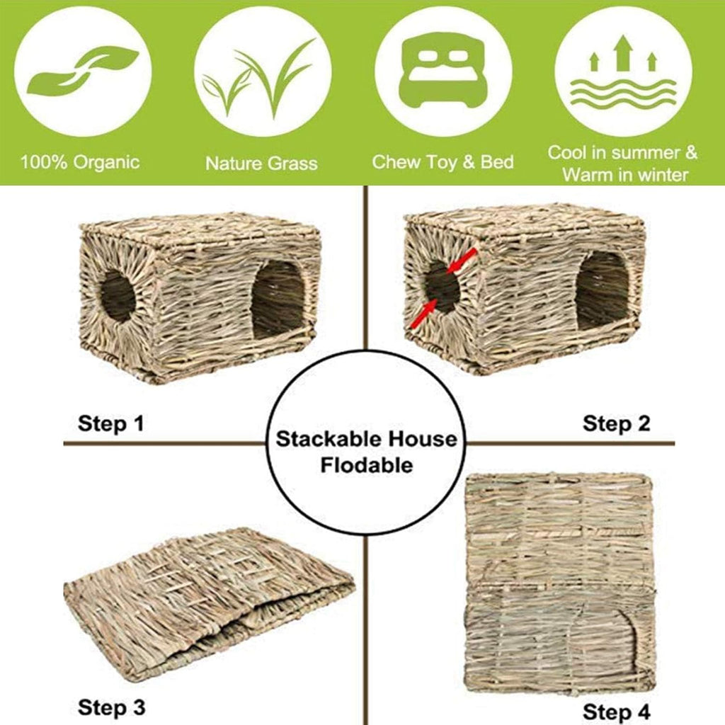 kathson 2 Pcs Large Rabbit Grass House Natural Foldable Hand Woven Seagrass Bed Carrot Hay Toy Hut Safe Comfortable Playhouse with 6 PCS Bunny Chew Toys for Bunny Hamster Guinea Pig Chinchilla Ferret