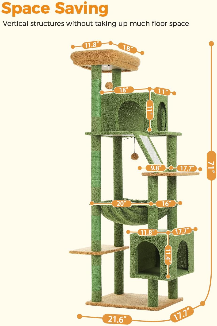 MUTTROS 71" Cactus Cat Tree for Large Cats, Hammock & 2 Condos, Green