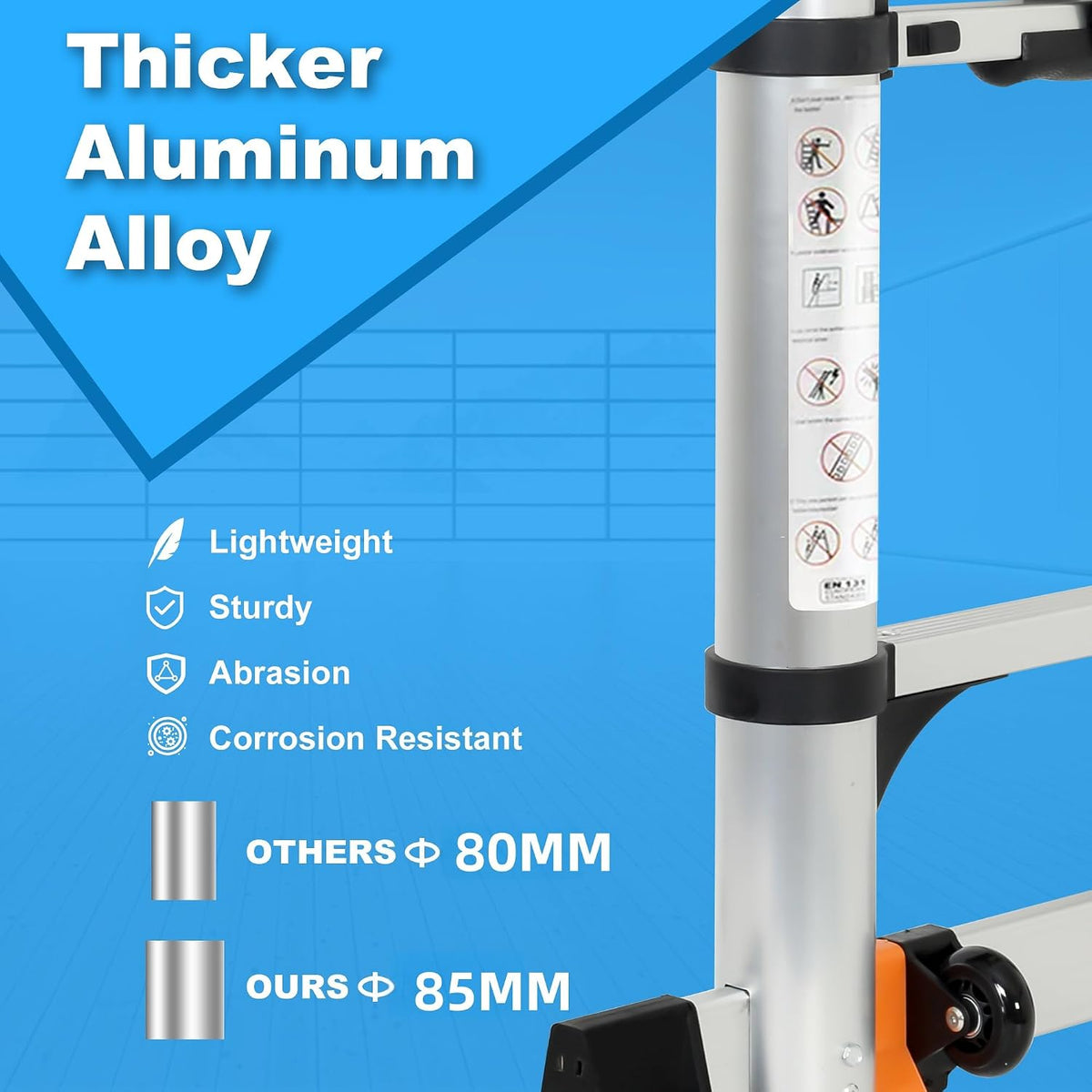 Telescoping Ladder with Hooks, 20.3 FT, Stabilizer & Wheels, Silver