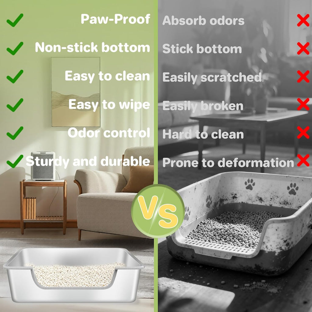 Low Entry Litter Box for Senior or Disabled & Injured Cats, Stainless Steel High Sided Enclosed Easy Step in Entry-Metal Kitty Litter Box for Kittens, Odor Control (17.7"x13.8"x5.9")