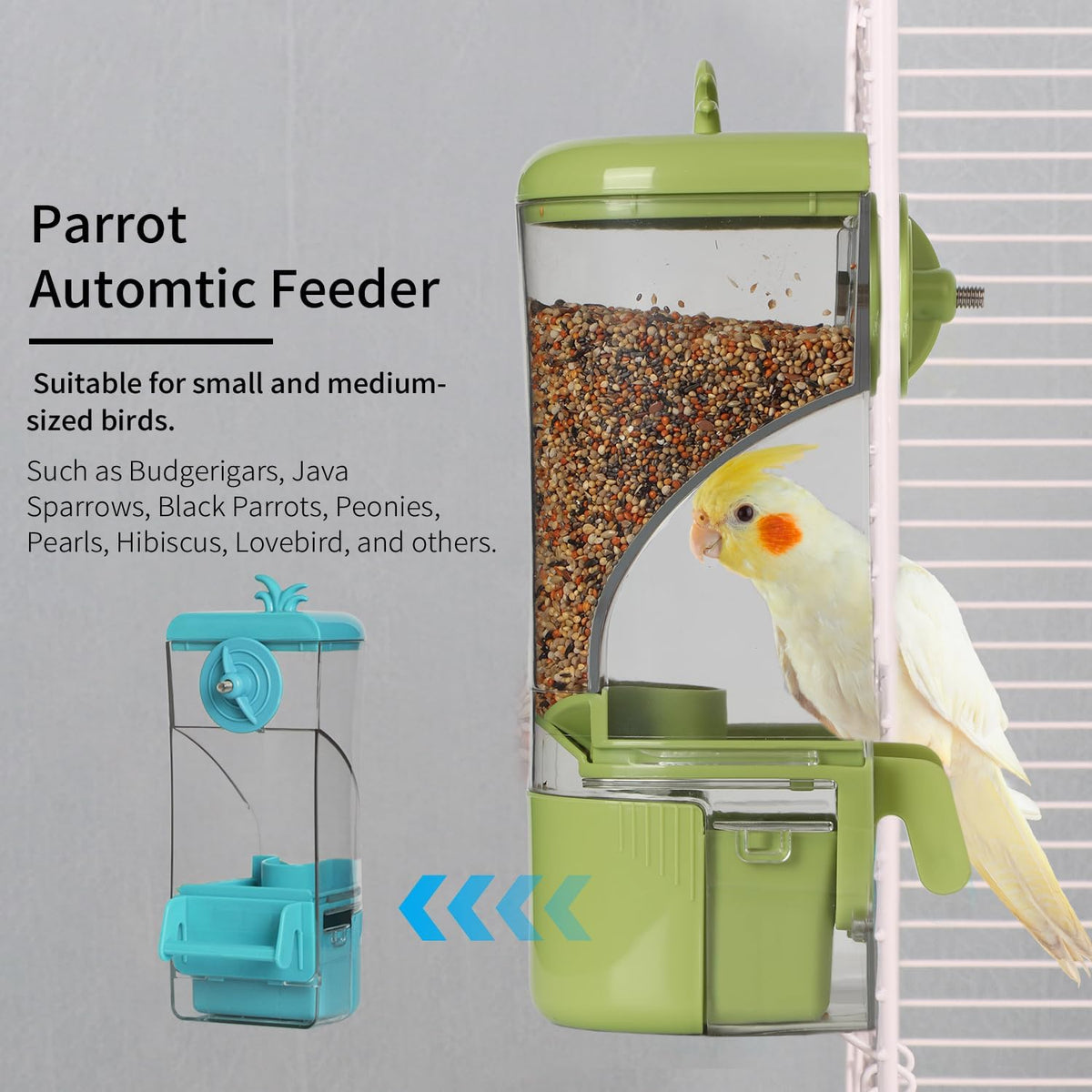 Automatic Bird Feeder for cage, Easy to Clean, Hanging Large Capacity, Clear Bird feeders for Window Viewing (Green)