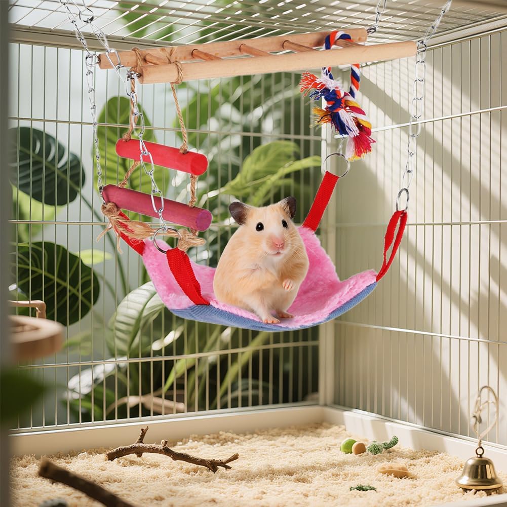 Small Animal Suspension Bridge, Hanging Cage Accessory with Hammock and Climbing Toys - Ladder and Ring, Ideal for Rats, Ferrets, Guinea Pigs, Parakeets, Finches, Cockatiels (Pink)