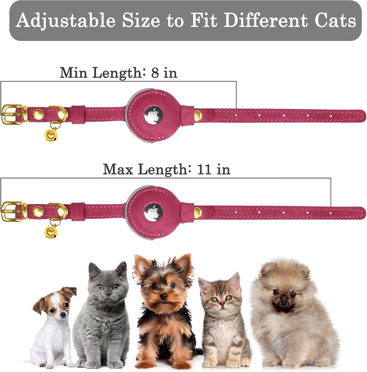 OOPSDOGGY Reflective Leather AirTag Cat Collar with Bell - Non Breakaway Adjustable Pet Collar with Apple Air Tag Holder - Lightweight GPS Kitten Collars for Small Dogs Puppy (Fuchsia)