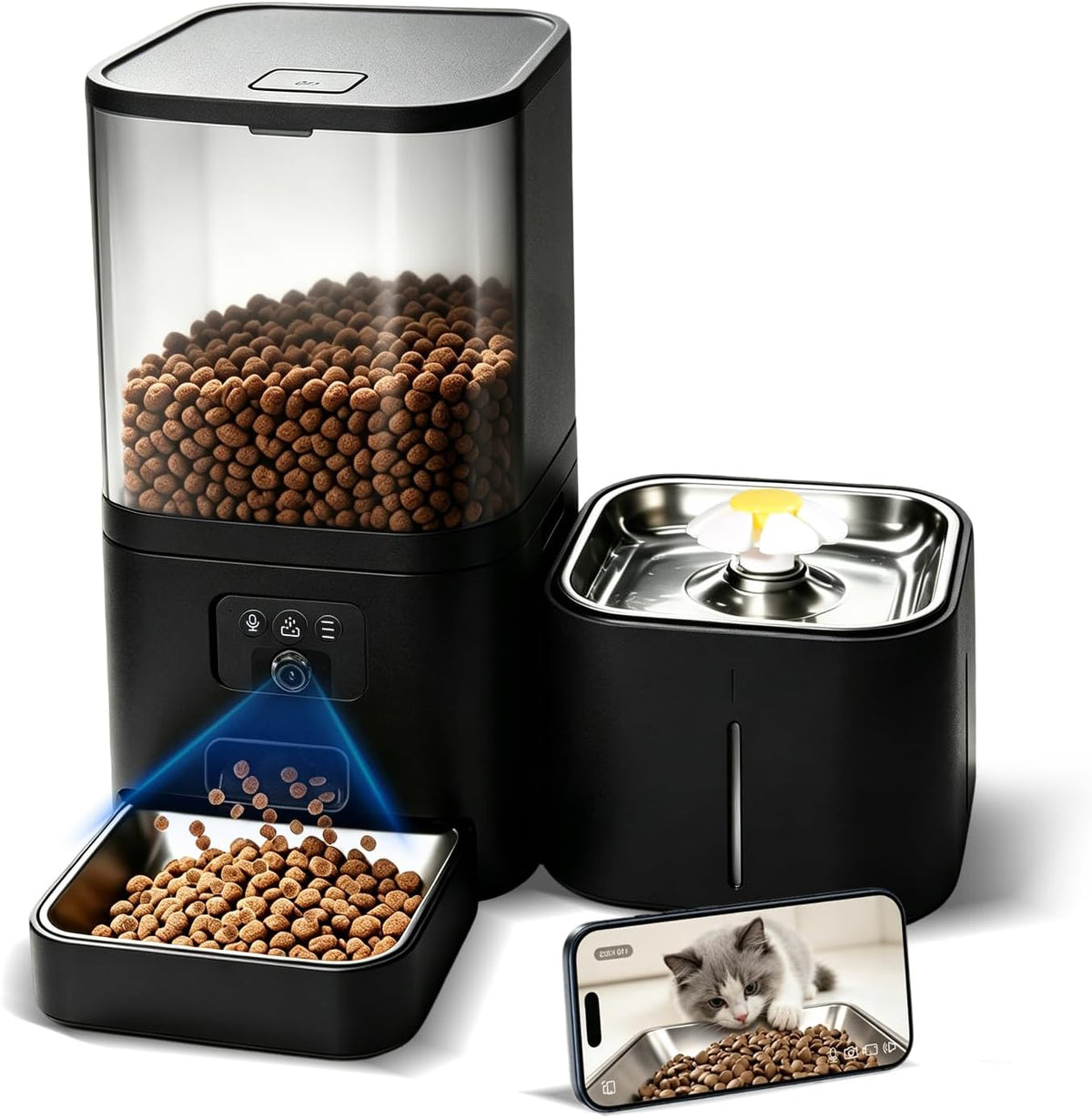 Automatic Cat Feeder with Camera, 2-in-1 Cat Food & Water Dispenser