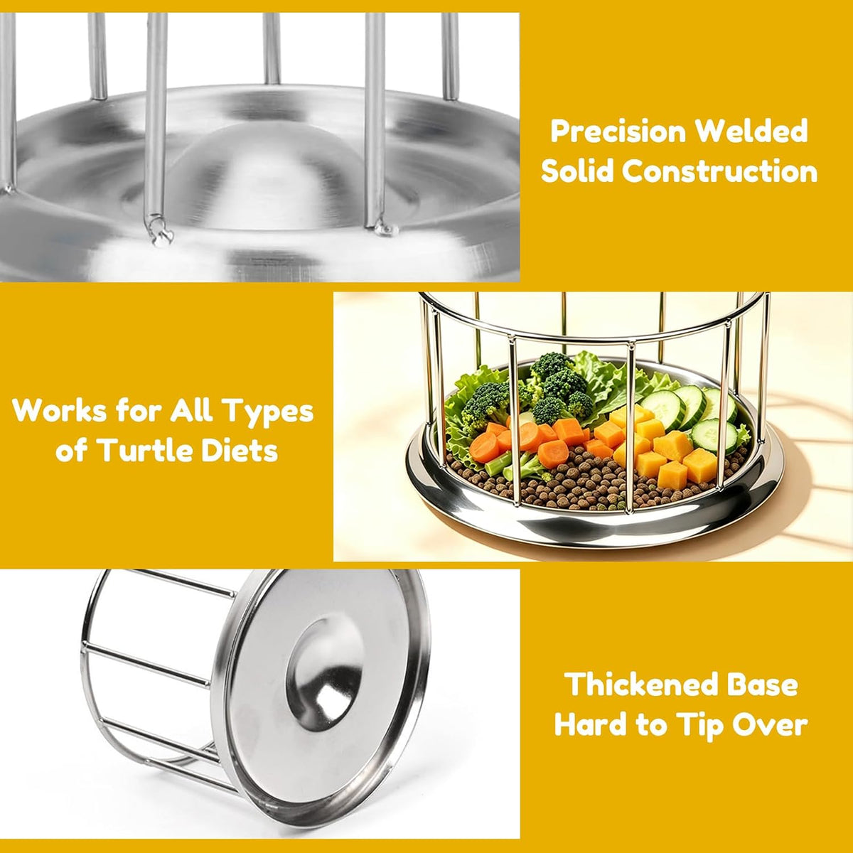 Stainless Steel Turtle Feeder, Multi-Turtle Divided Feeding Dish with Anti-Spill & Anti-Scatter Barrier, Reptile Food Bowl for Aquatic Turtles, Box Turtles, Tortoises, Bearded Dragons, Lizards (S)