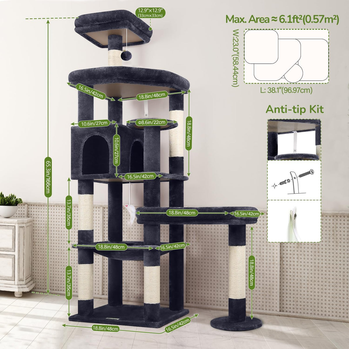 Globlazer 65in Sturdy Cat Tree Tower for Indoor Large Cats, S65, Dark Grey