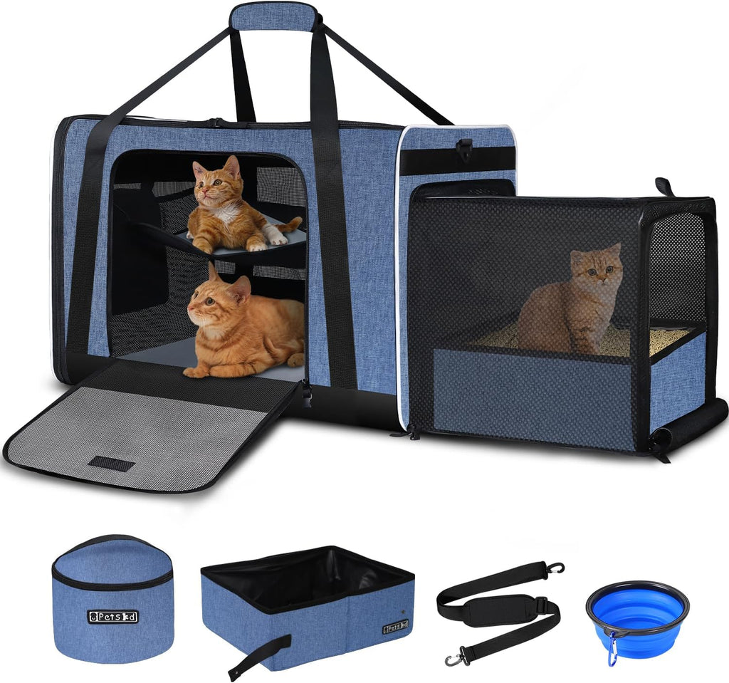 Petskd Side Expandable Extra Large Cat Carrier with Litter Box, Black