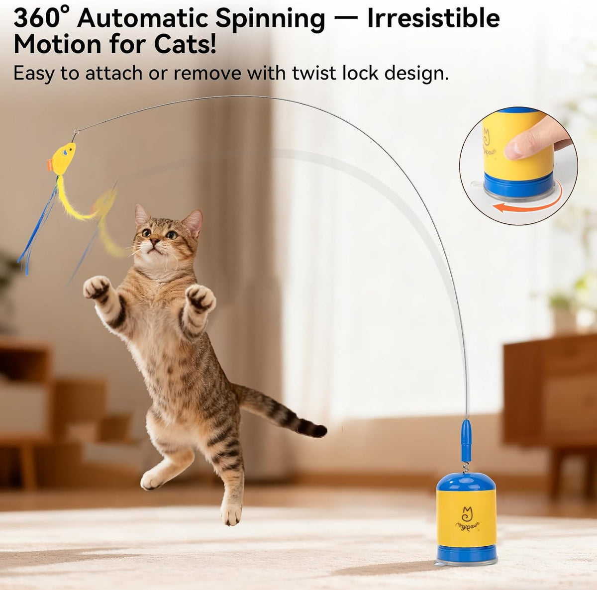 Migipaws Interactive Automatic Cat Teaser Wand Toy with Strong Suction Cup, 70cm Flexible Wire & DIY Bending Design, Rechargeable Cat Exercise Toy with Auto Timer for Indoor Cats (Blue)