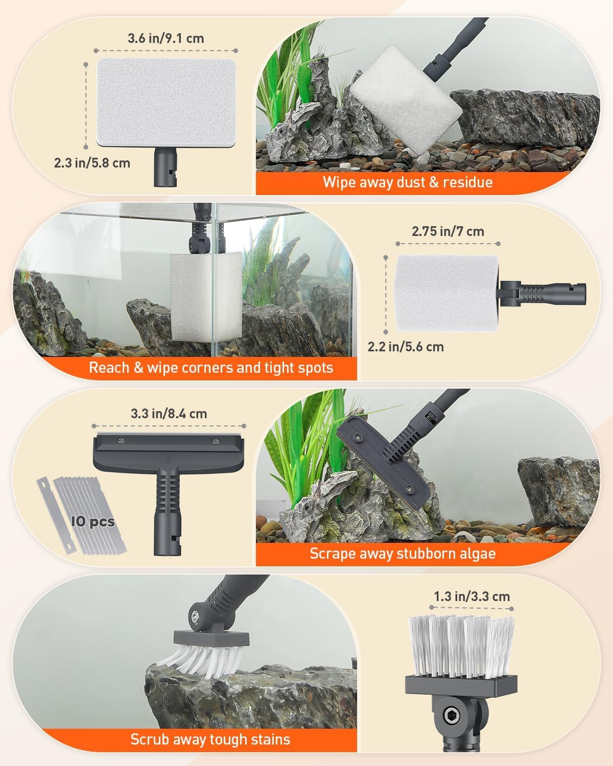 Pawfly Aquarium Cleaning Tools, 7 in 1 Fish Tank Cleaning Kit, Algae Scraper, Sponge Scrubber Pad, Brush, Gravel Rake & Fish Net with Adjustable Long Handle, Tank Cleaner Set