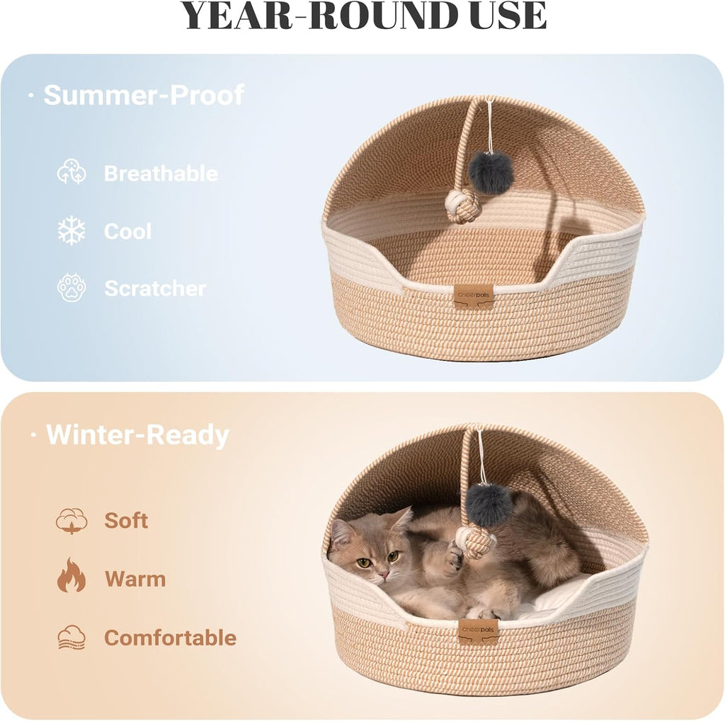 CHEERPALS Cat Basket Bed with Washable Cushion and Ball Rope Cotton, Covered Pet Bed for Indoor Cats Cave Bed Hooded, Stimulicat Cat Bed Handwoven Breathable, All Season Universal(White)