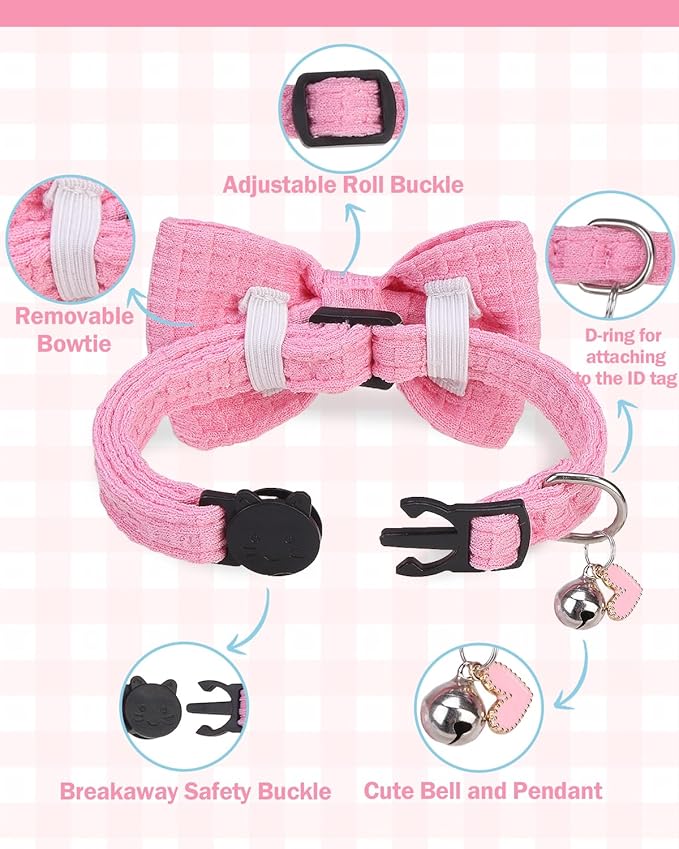 Cat Collar Breakaway with Bells, Soft Cotton Pink Cat Bowtie Collar - Image 2