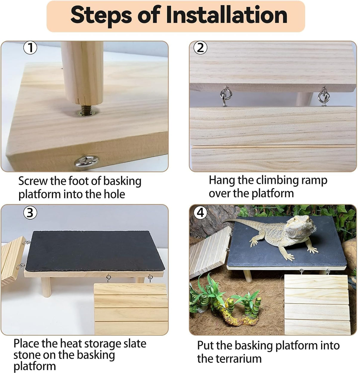 Bearded Dragon Basking Platform with Climbing Ramp & Reptile Decor Rock