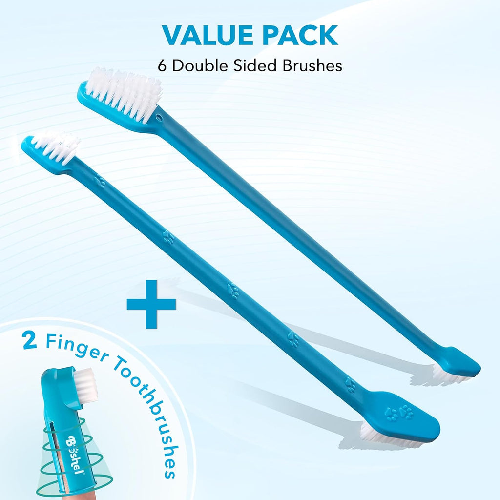 Boshel Dog Toothbrush Kit, 6 Dual-Headed Dog Tooth Brush + 2 Pet Finger Toothbrush for Small and Large Breeds, 8 Pack
