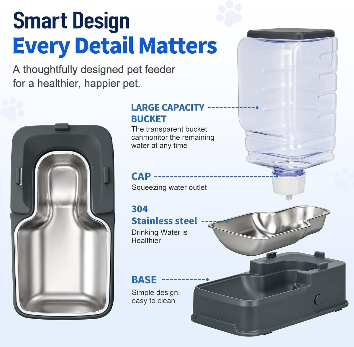 Automatic Cat Feeder and Water Dispenser Set with Dog Stainless Steel Feed Bowl Pet Gravity Self Feeding and Waterer Large Capacity for Small Medium Large Dogs Puppy Kitten 2 Pack Grey