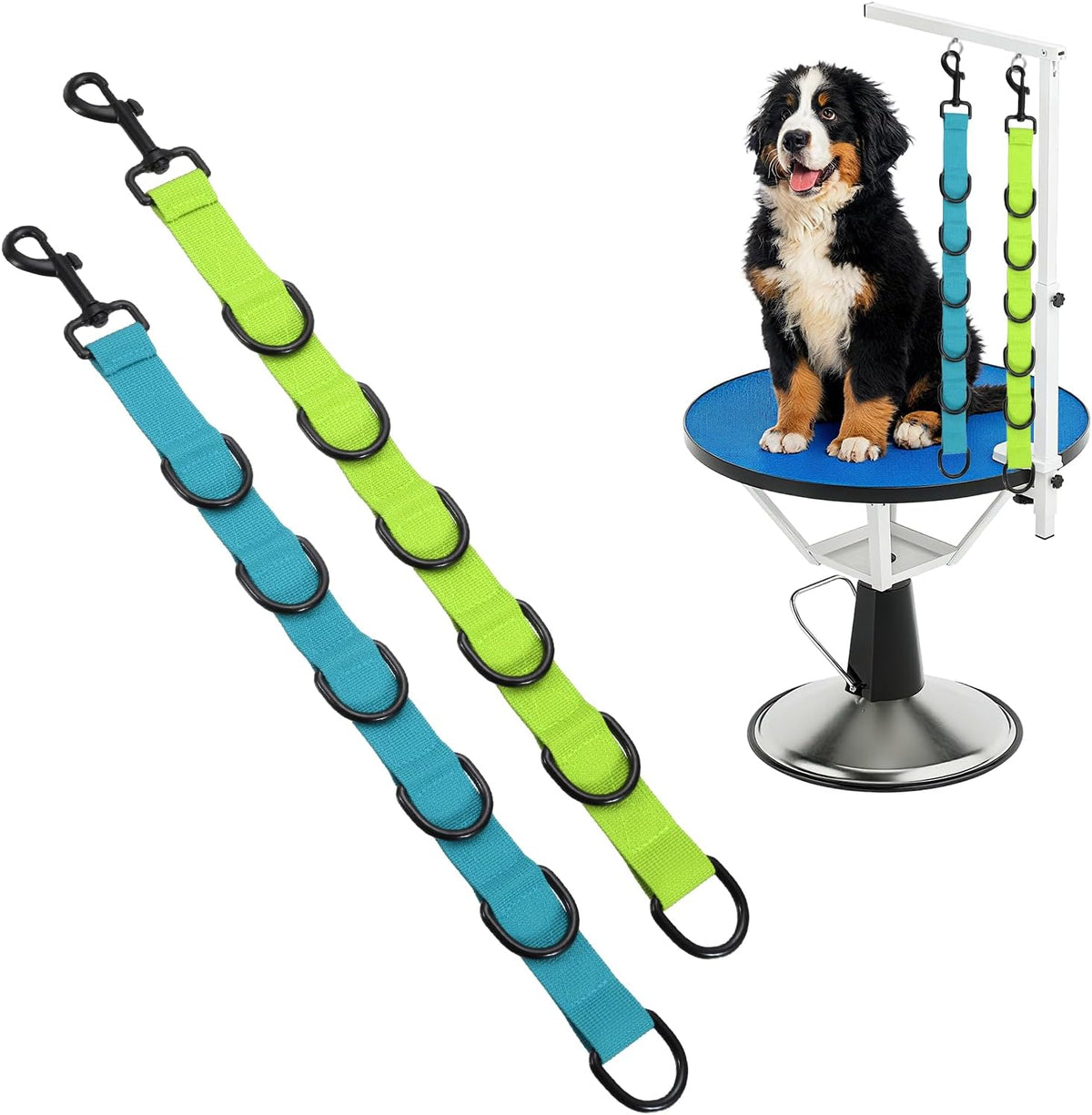 Pet Dog Grooming Loops, Adjustable Nylon Table Arm Extender Belly Strap with 6 Black D-Rings Restraint Leash(Green/Blue, 2Pcs), Intended for Fixed Dog Bathing Hair Cutting