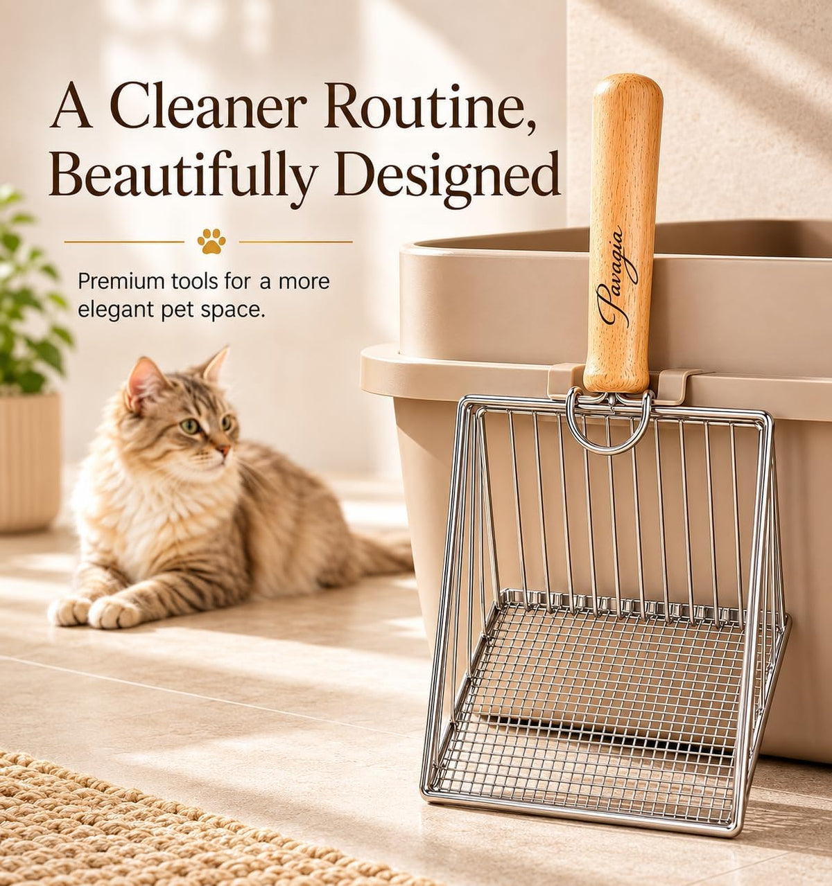 Premium Stainless Steel Cat Litter Scoop with Wooden Handle, Heavy Duty Metal Kitty Litter Scooper with Deep Sifting Basket & Built-in Hook, Durable Modern Litter Scoop for Cat Litter Box