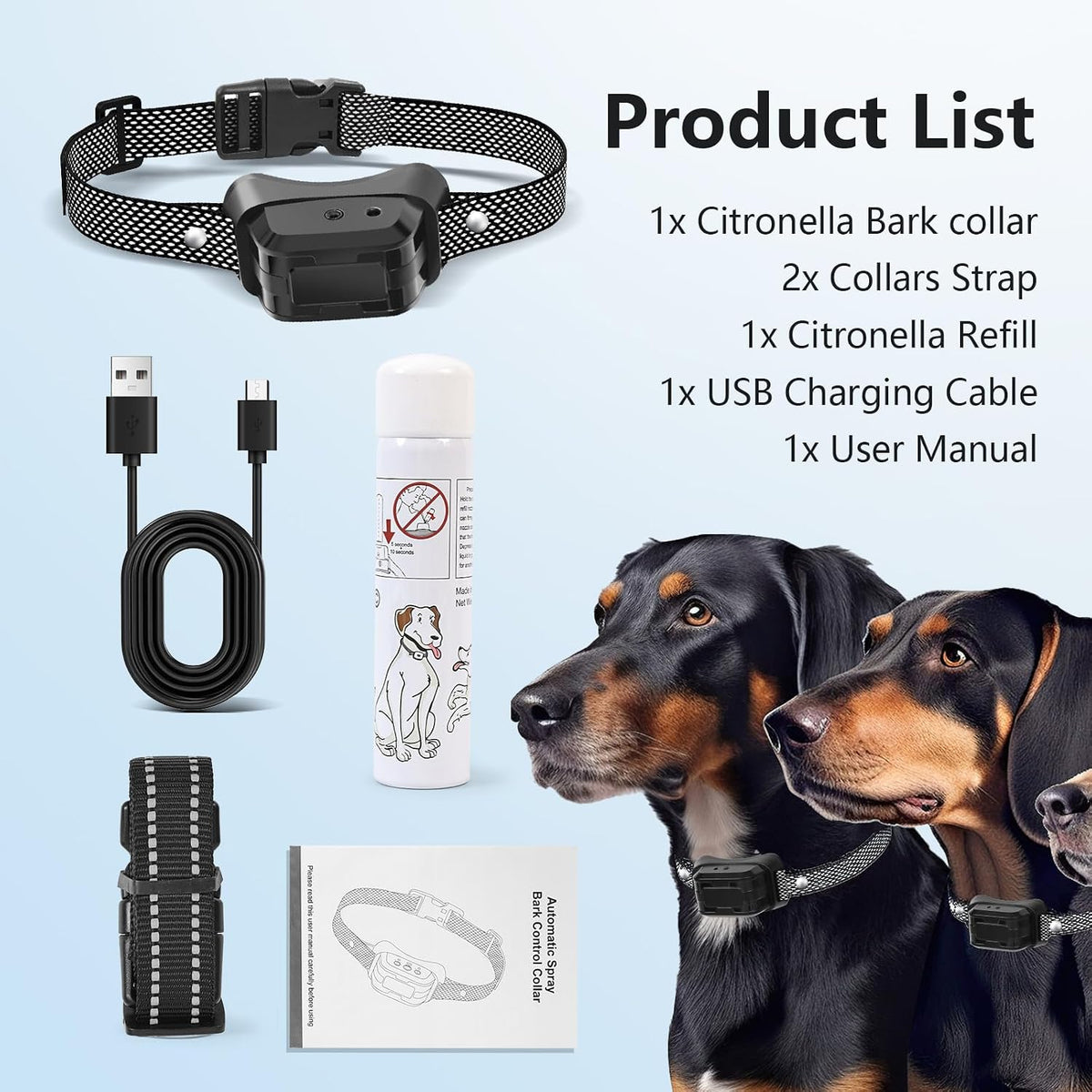 Citronella Dog Bark Collar, Anti Bark Collar with 3 Adjustable Spray & Sensitivity Level [1 Citronella Spray Refill] Automatic No Shock Dog Barking Collar for Small Medium Large Dogs, Gray