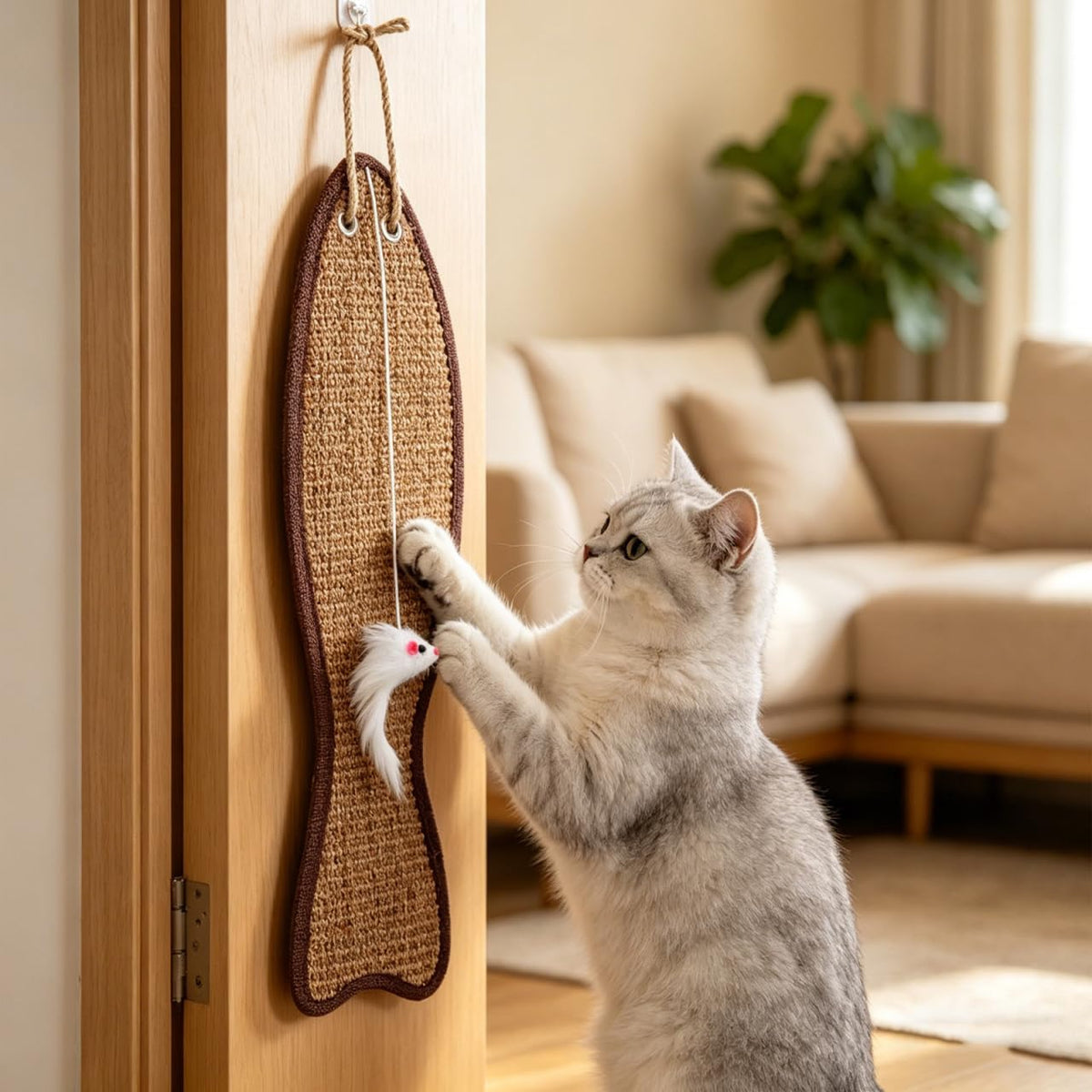SEWACC Fish Shaped Cat Scratching Mat Sisal Protective Hanging Pad for Door or Wall Handwoven Cat Scratch Pad for Claw Care Furniture Protection Pet Play 20.86 X 5.23 X 1.18 in