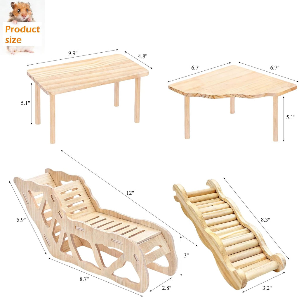 4 Pcs Hamster Platform Wooden Tunnel Ladder Hidden Play House Hamster Game Climbing Toy with Platform, Decor Toy cage Accessories for Dwarf Syrian Mice Degus Gerbils Squirrel and Other Small Pets