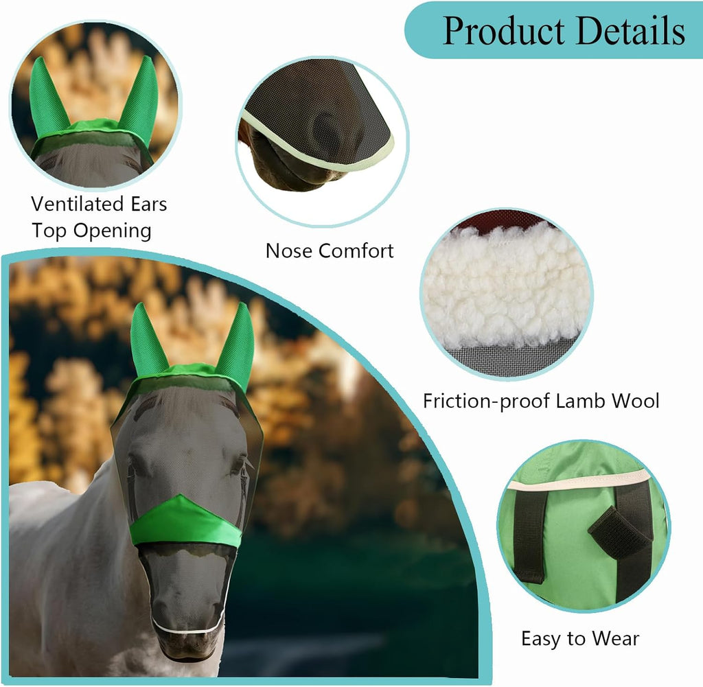Fly Masks for Horses with Ears and Nose Cover - Comfortable Horse Fly mask with Ears for UV Protection & Sun Shield – Soft Lightweight- Breathable Horse mask (Long Nose, L)
