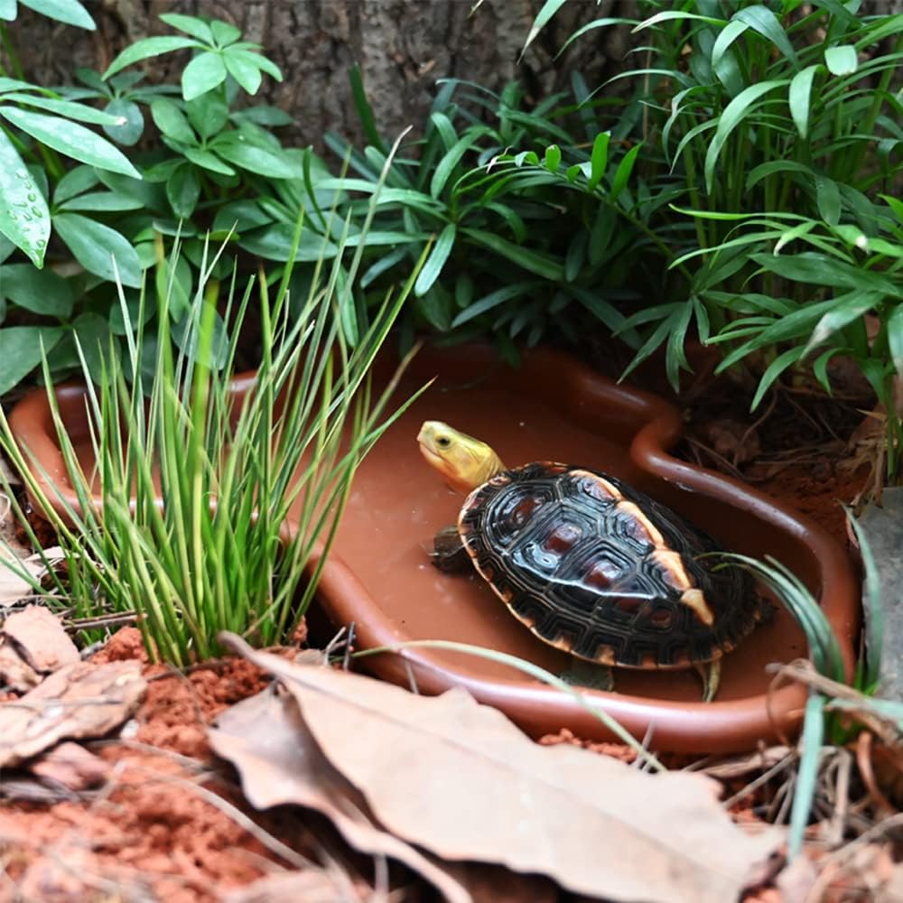 Extra Large Reptile Bathing Pool Reptile Feeding Dish Water Bowl with Ramp Aquarium Ornament for Gecko, Snake, Turtle, Bearded Dragon, Lizard Bath (Brown)