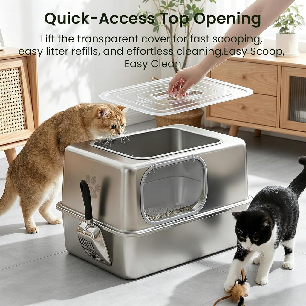 Ptlom Enclosed Stainless Steel Litter Box for Large Cats, Leak-Proof Metal Cat Toilet with Lid, Ventilated Top Opening Covered Cat Pan High Sided Walls, Scoop & Litter Mat, 20.8" x 13.0" x 13.1"