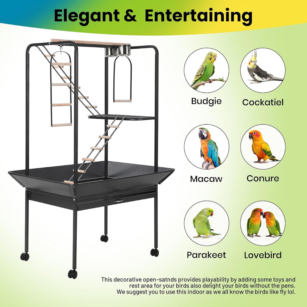 Versatile Bird Cage Stand with Wheels – Perches & Ladders, Black Hammer Finish Finish – Indoor/Outdoor Parrot Playstand for Conures, Macaws, Budgies, Cockatiels, Lovebirds, Parakeets