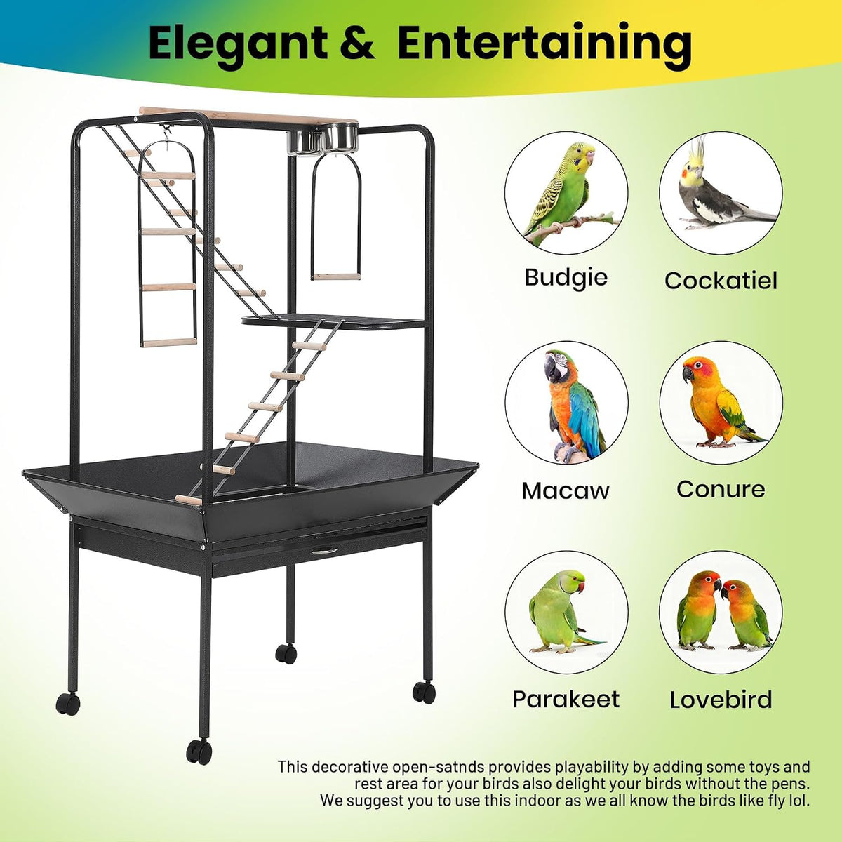 Versatile Bird Cage Stand with Wheels – Perches & Ladders, Black Hammer Finish Finish – Indoor/Outdoor Parrot Playstand for Conures, Macaws, Budgies, Cockatiels, Lovebirds, Parakeets