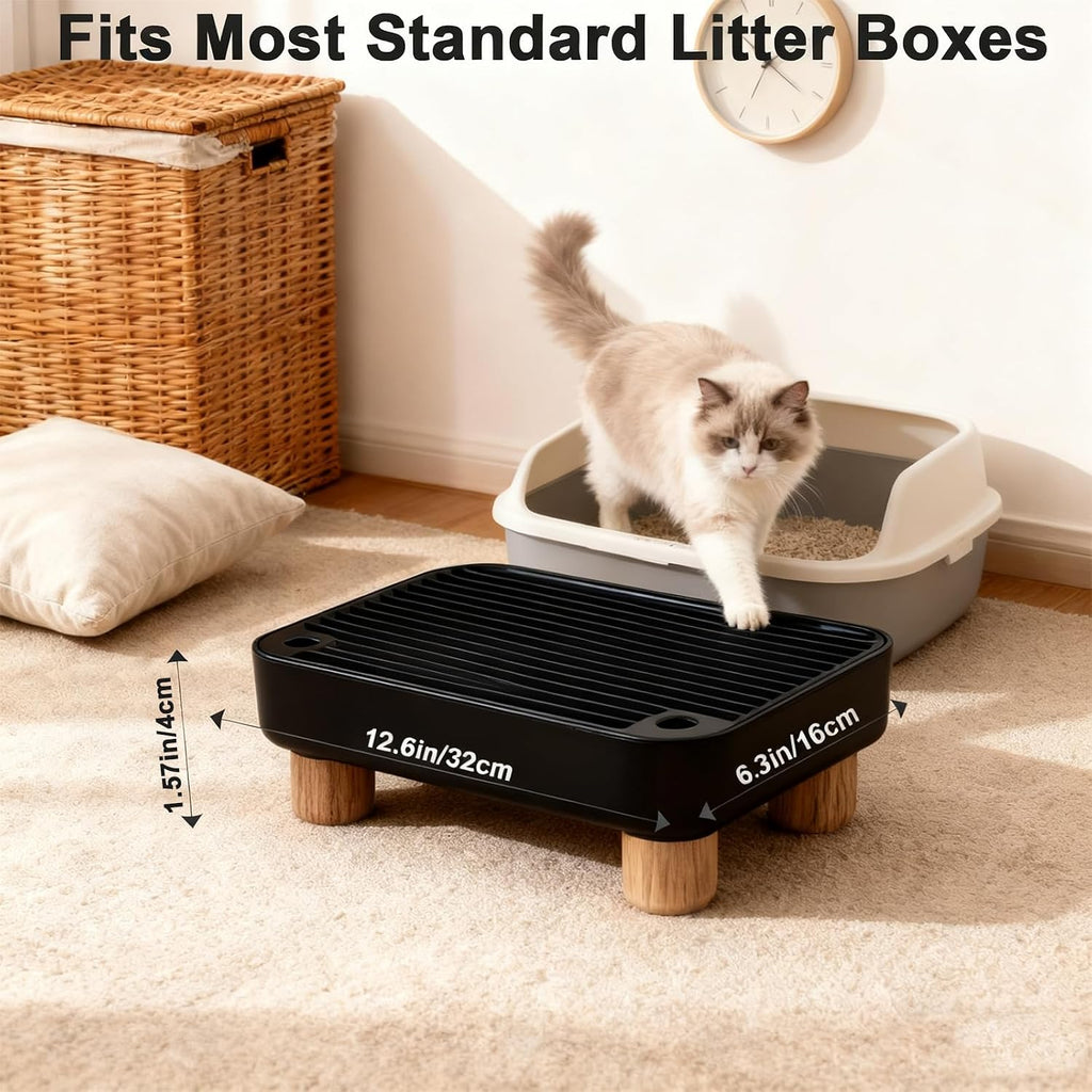 Litter Box Step, Litter Box Ramp/Catcher with Wooden Base，Pet Step Stool for Filter Function, Easy to Clean,Ideal for Kitten/Elderly Cats(Black)
